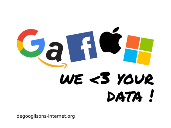Mot GAFAM où les lettres sont ramplacées par les logos des GAFAM, suivi de la mention "we <3 your data !"